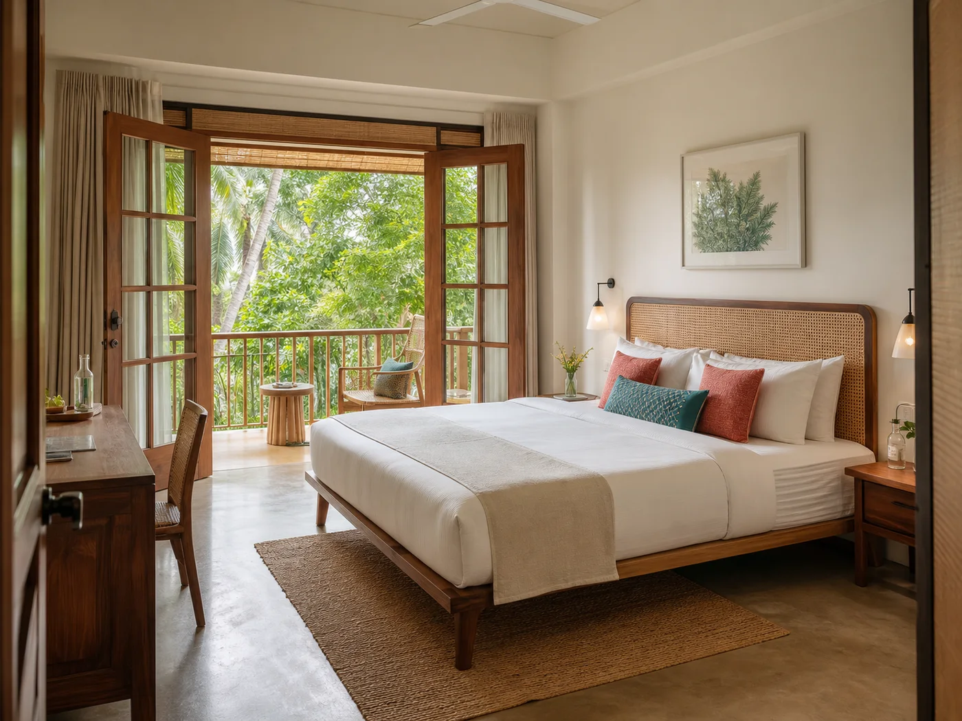 Garden room with a cane bed and leafy balcony