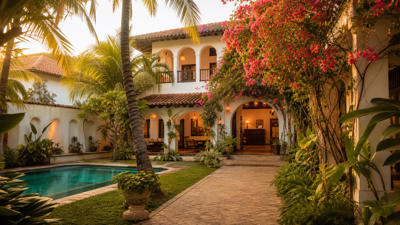 Marula House garden courtyard and pool at sunset