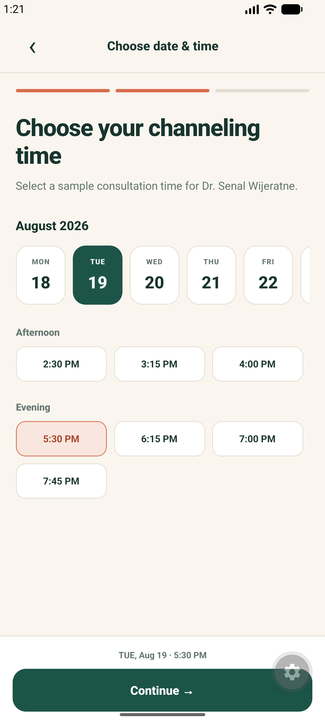 Channeling time screen from the LankaCare doctor-channeling app demo