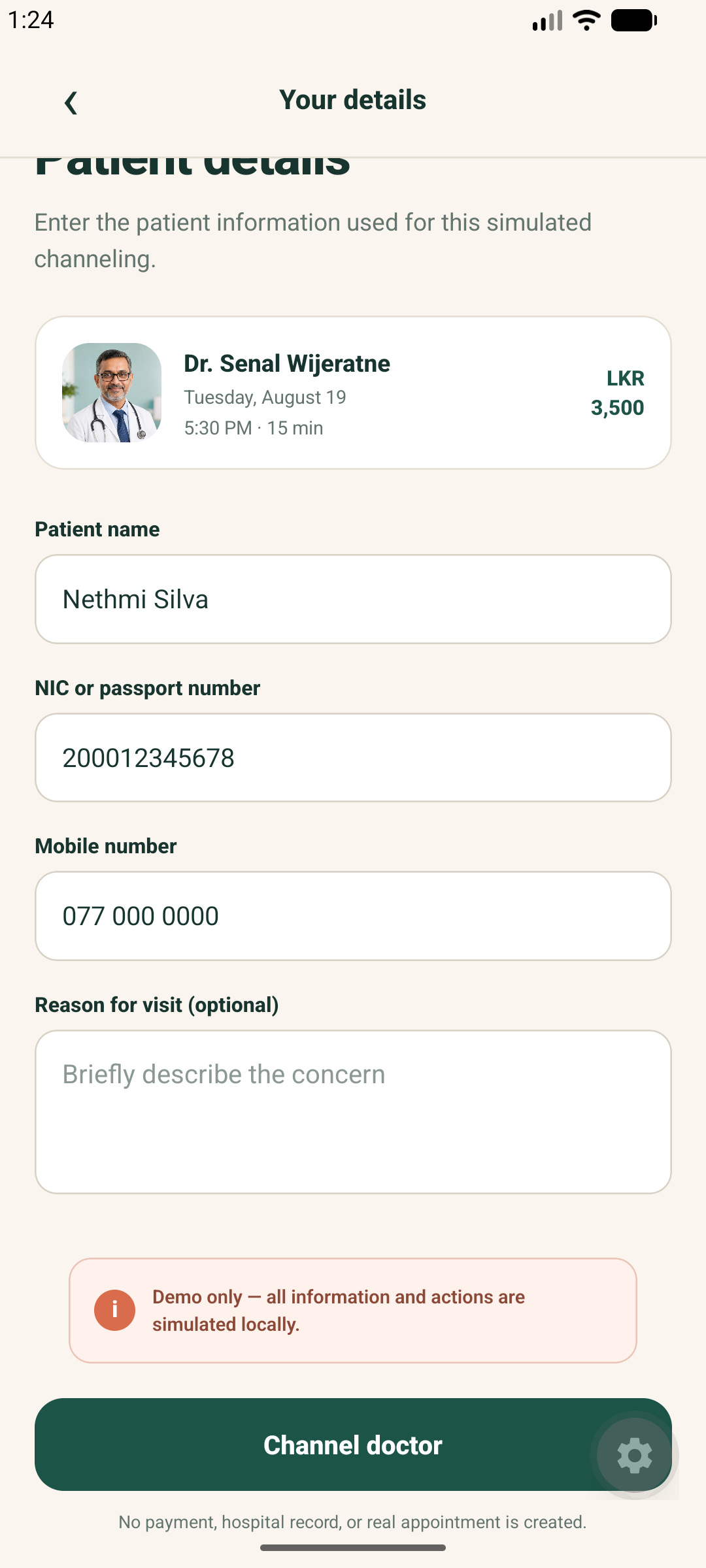 Patient details screen from the LankaCare doctor-channeling app demo
