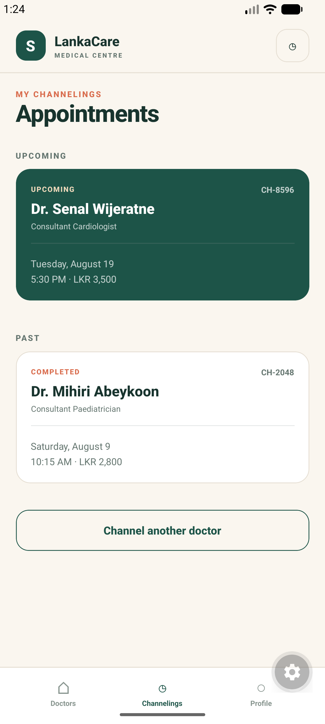 Appointments screen from the LankaCare doctor-channeling app demo