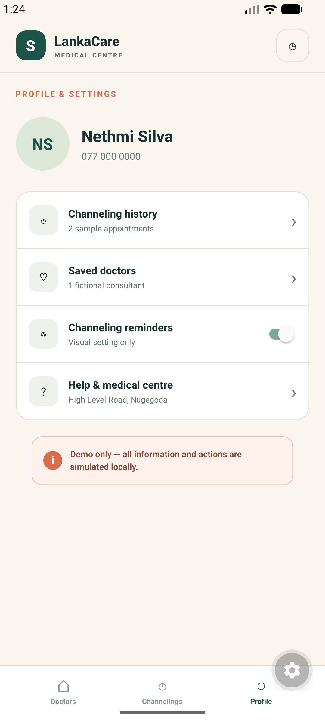 Profile and settings screen from the LankaCare doctor-channeling app demo